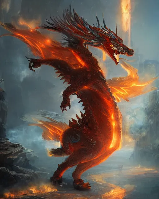 Prompt: oil painting of fire Fox chinese dragon hybrid, sharp focus, fantasy style, steampunk city background, octane render, volumetric lighting, 8k high definition, by greg rutkowski, highly detailed, trending on art Station, explosions,