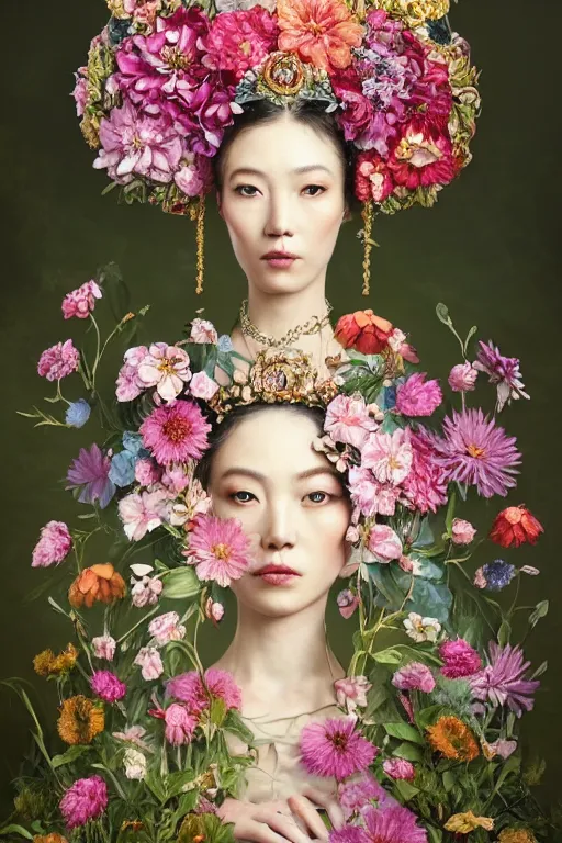 Image similar to a beautiful portrait of an empress in her garden, with a brilliant, impossible striking big flower headpiece, clothes entirely made out of flowers, symmetrical, closeup, dramatic studio lighting, rococo, baroque, jewels, asian, hyperrealism, D&D, fantasy, intricate, elegant, highly detailed, digital painting, artstation, octane render, 8k, concept art, matte, sharp focus, illustration, art by Artgerm and Greg Rutkowski and Alphonse Mucha