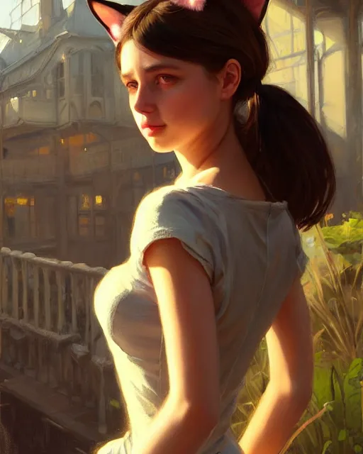 Image similar to a potrait of a girl with cat ears, fine details. night setting. realistic shaded lighting poster by craig mullism, artgerm, jeremy lipkin and michael garmash, unreal engine, radiant light, detailed and intricate environment, digital art, trending on art station