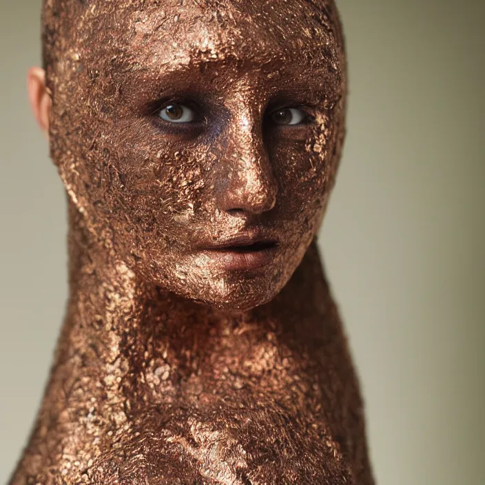 Image similar to closeup portrait of a woman wrapped in copper fiber, in waitomo caves new zealand, color photograph, by vincent desiderio, canon eos c 3 0 0, ƒ 1. 8, 3 5 mm, 8 k, medium - format print