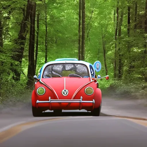 Prompt: promotional scifi - mystery movie scene of a real ladybug that is a hybrid with a ( volkswagen beatle ) hybrid that's more ladybug, racing down a dusty back - road in smokey mountains tennessee. cinematic, 4 k, imax, 7 0 mm, teal autochrome, hdr