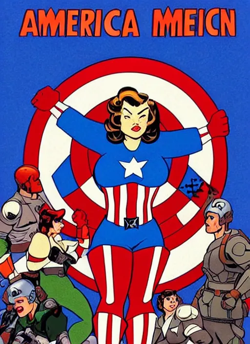 Prompt: plus size female captain america standing on a pile of defeated, beaten and broken ss soldiers. feminist captain america wins ww 2. american ww 2 propaganda poster by rob liefeld and pixar. gorgeous face. pin up. overwatch.