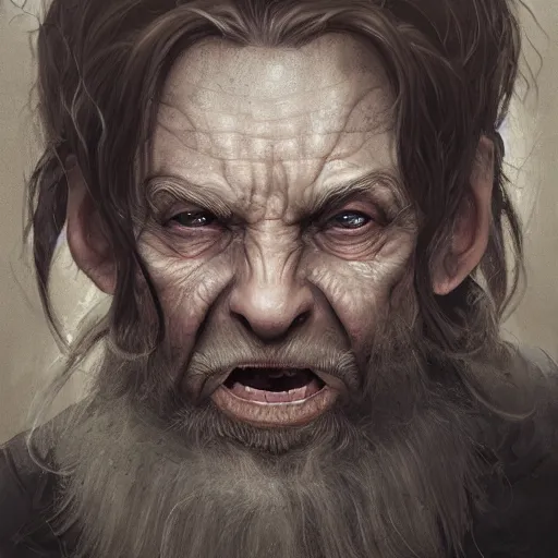 Image similar to a detailed matte head - on portrait painting of an ugly old hobbit man, with a large scar and missing teeth portrait by charlie bowater, lise deharme, wlop, tending on arstation, dungeons and dragon, dnd, pathfinder, fanart, oil on canvas