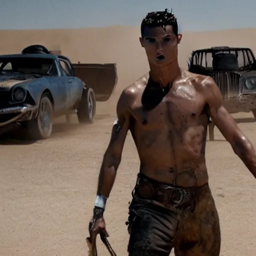 Prompt: cristiano ronaldo playing the drums in mad max fury road ( 2 0 1 5 ), movie still,