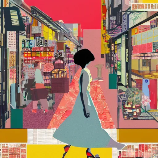 Prompt: maximalist paper collage art of a woman walking through a tokyo shopping district at sunset
