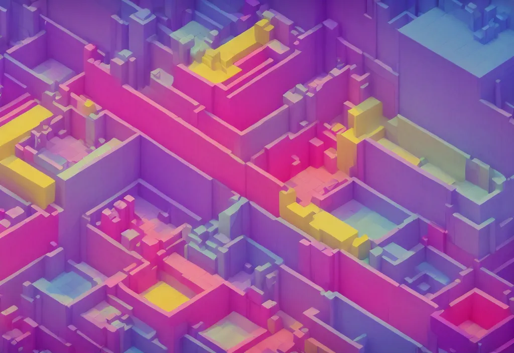 Image similar to isometric magicavoxel Bloodborne pink purple blue red yellow cinematic lighting, 4k