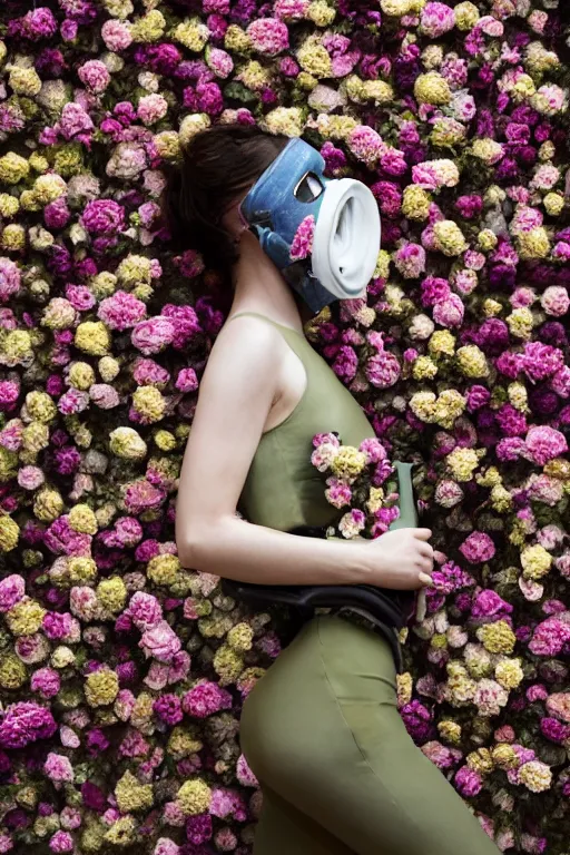 Prompt: a surreal portrait of a woman wearing gas mask blending into a wall of flowers in the style of brooke didonato, editorial fashion photography from vogue magazine, full shot, nikon d 8 1 0, ƒ / 2. 5, focal length : 8 5. 0 mm, exposure time : 1 / 8 0 0, iso : 2 0 0