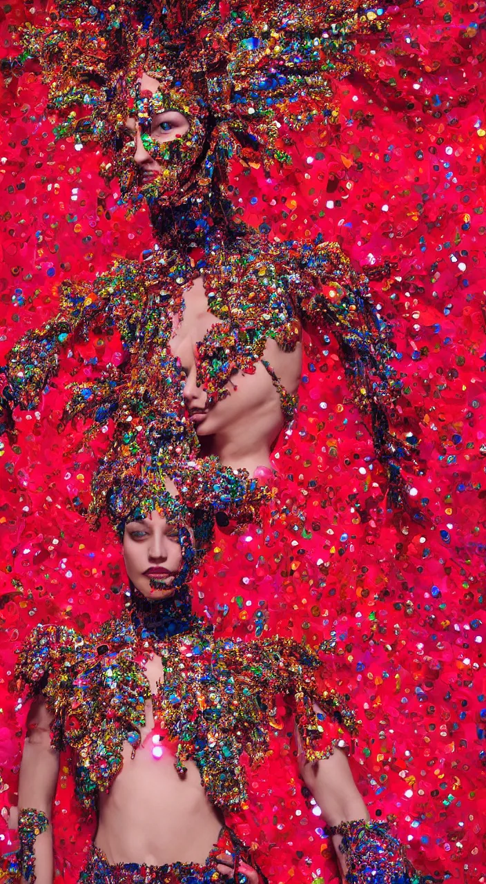 Image similar to a female full - body character design, concept art, wearing psychedelic high fashion, a red sequined bodysuit, beads hanging over her face like an alexander mcqueen headdress, costume by eiko ishioka, haute couture, and a red cape, by moebius, steven outram, colorful and psychedelic, hd, 8 k, artstation, high quality