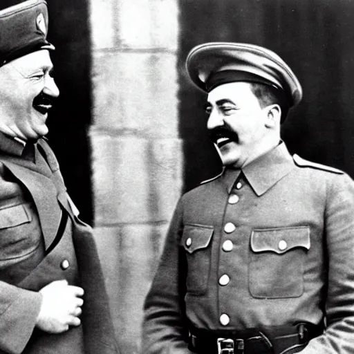 Image similar to hitler and joseph stalin laughing during ww 2