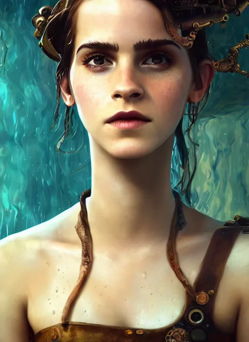 Image similar to underwater steampunk portrait of emma watson, au naturel, hyper detailed, digital art, trending in artstation, cinematic lighting, studio quality, smooth render, unreal engine 5 rendered, octane rendered, art style by klimt and nixeu and ian sprigger and wlop and krenz cushart.