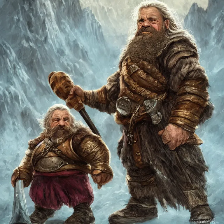 Image similar to dwarf with hammer in mountains, lord of the rings style, fantasy, poster, character portrait, portrait, close up, concept art, intricate details, highly detailed, full body, 8 k, detailed face, body