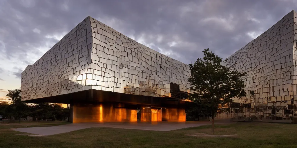 Image similar to wide angle photo of brutalist building made from reflective nickel chrome with copper and gold. twilight. highly reflective and shiny. frank loyde wright