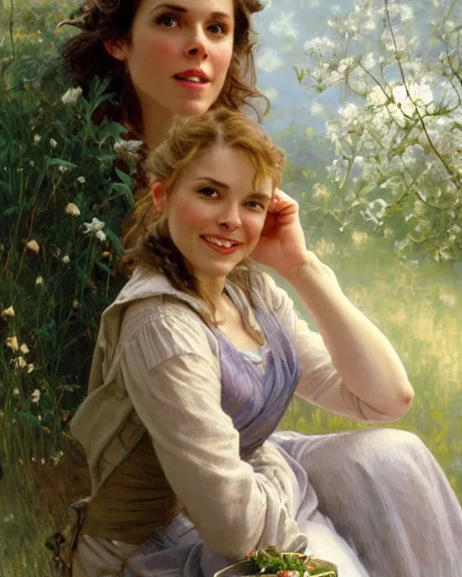 Image similar to a portrait painting of rachel lane / sabrina lloyd / perdita weeks / rachel mcadams / nicole de boer hybrid oil painting, gentle expression, smiling, elegant clothing, scenic background, extremely detailed and lifelike, artgerm, greg rutkowski, alphonse mucha, vladimir volegov, adolphe bouguereaum, jason edmiston