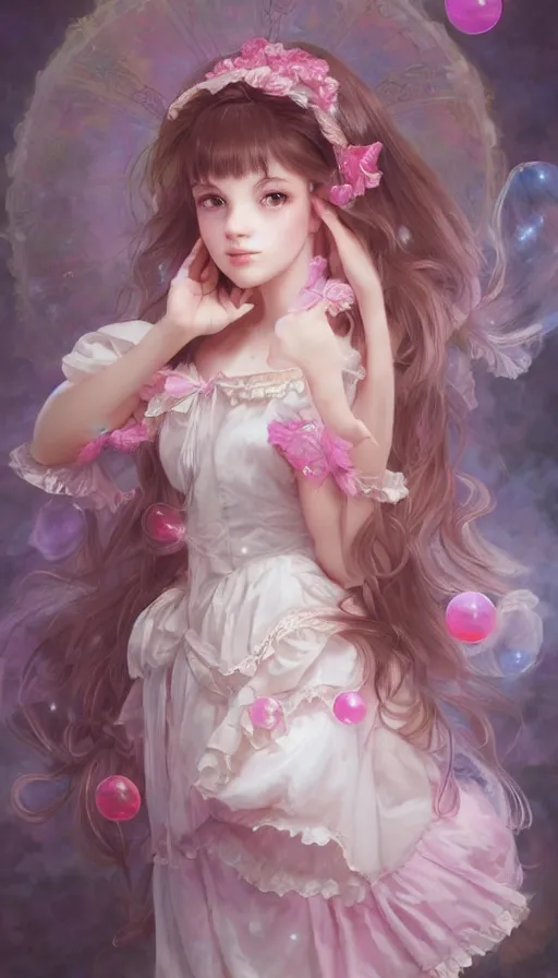 Prompt: portrait of magical lolita girl, dreamy and ethereal, expressive pose, big pink eyes, peaceful expression, ornate frilly dress, fantasy, intricate, elegant, many rainbow bubbles, rose tones, highly detailed, digital painting, artstation, concept art, smooth, sharp focus, illustration, art by artgerm and greg rutkowski and alphonse mucha
