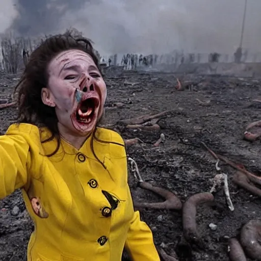 Image similar to selfie of a ukrainian screaming in pain and terrible injuries from a nuclear explosion, everything is on fire and radiation, in the background there are a lot of people like zombies, corpses and skeletons, a large nuclear explosion in the background, people are painted in yellow - blue cheers, all dirty with severed limbs, bad day