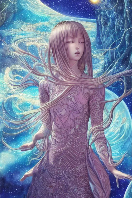 Prompt: beautiful ultra detailed manga Illustration of a girl in a celestial fantasy landscape, Full Art Illustration, by alex grey, moebius, beeple, artstation