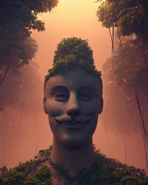 Image similar to giant anonymous statue, beautiful jungle landscape, beautiful vines growing, in the style of beeple and mike winkelmann, intricate, epic lighting, cinematic composition, hyper realistic, 8 k resolution, unreal engine 5, raytracing, reflections, happy colors