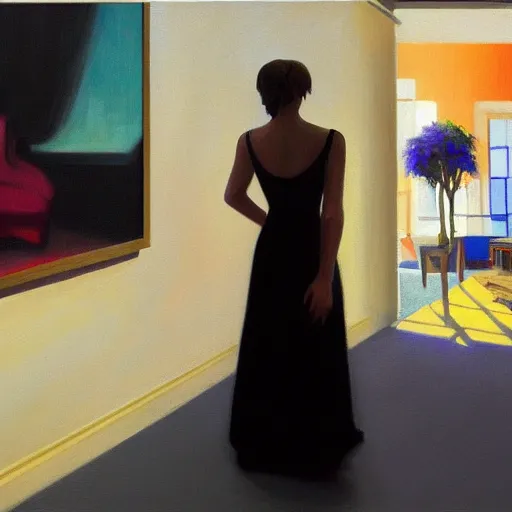 Prompt: a gorgeous woman with a black dress waiting inside a 9 0 s art gallery exhibition, colors americana, cinematic, volumetric lighting, ultra wide angle view, realistic, detailed painting in the style of edward hopper