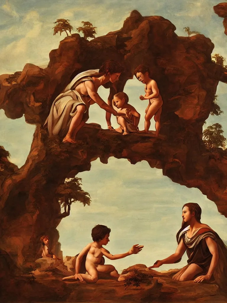 Image similar to the creation of adam painting with mother and child by disney concept artists, blunt borders, rule of thirds