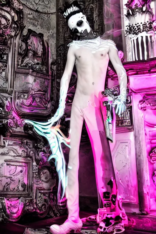 Image similar to full-body rococo and cyberpunk style neon statue of a young attractive Antonio wearing cholo shades macho dotado e rico android sim roupa reclining con las piernas abertas e la piroca dura, ethereal white dripping tar, glowing white lasers, pink tigers, glowing eyes, silver prince crown, black gears, pink diamonds, swirling mint-colored silk fabric. futuristic elements. full-length view. human skulls. large intricate artwork by caravaggio. Trending on artstation, octane render, cinematic lighting from the right, hyper realism, octane render, 8k, depth of field, 3D