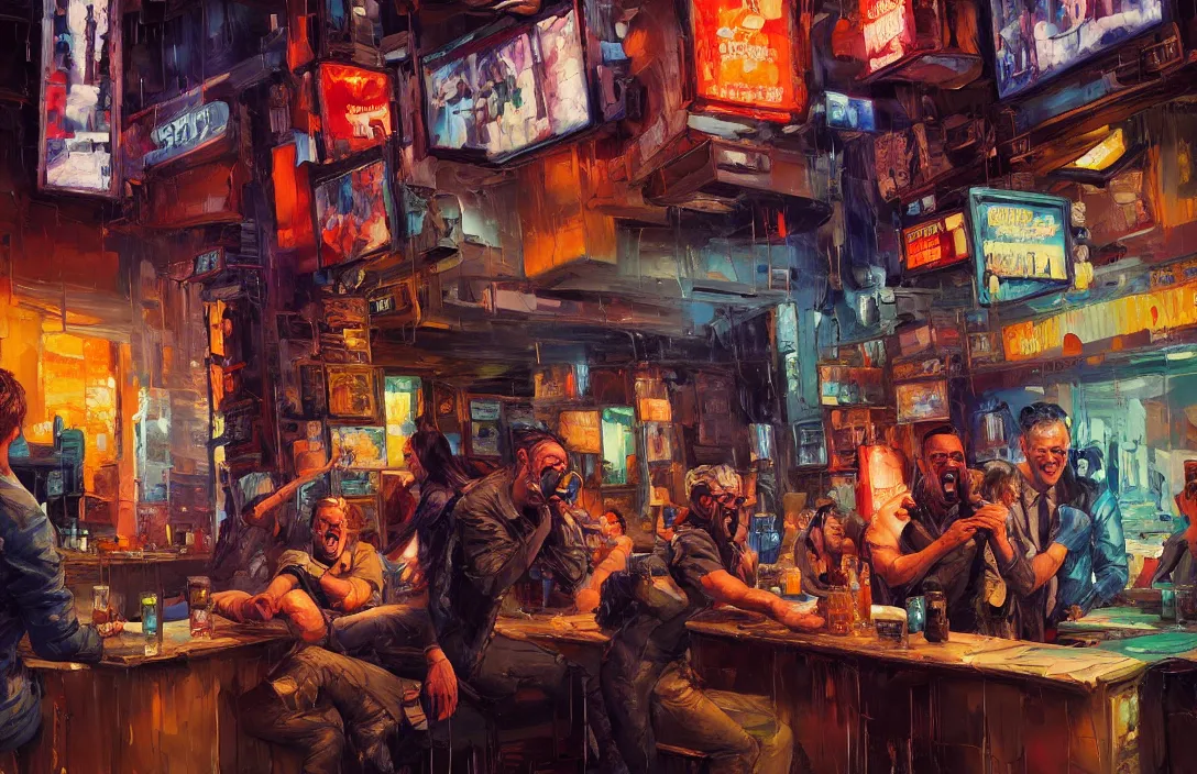 Prompt: highly detailed expressionist oil painting of cyberpunk bar full of people, close up man laughing, expressive, impasto, pastel shades, rough canvas textured, dynamic pose, top lighting, loose brush strokes, perfect face, hyper detailed face, digital painting, artstation, concept art, hyper detailed eyes, art by sam spratt and peter mohrbacher and james jean