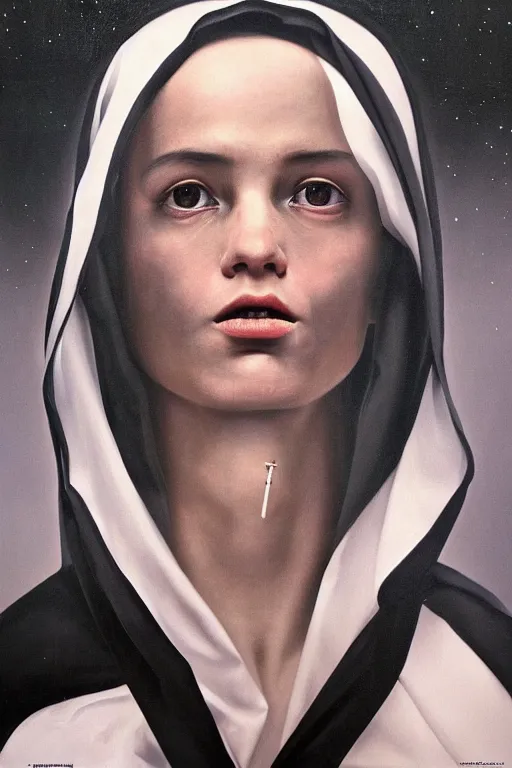 Prompt: hyperrealism oil painting, complete darkness background, close - up face portrait from up, nun fashion model looking down, in style of classicism mixed with 8 0 s sci - fi japanese books art