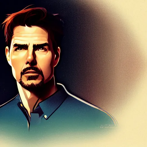 Image similar to Tom Cruise as Tony Stark, ambient lighting, 4k, alphonse mucha, lois van baarle, ilya kuvshinov, rossdraws, artstation