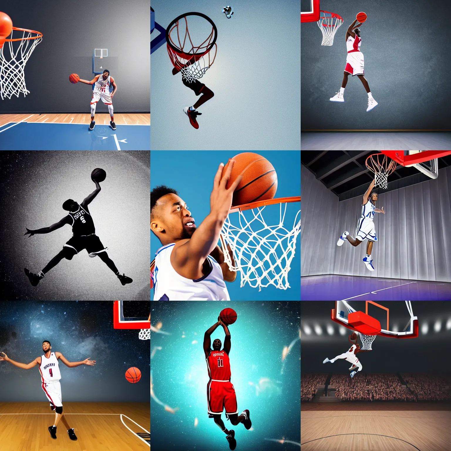 Image similar to A basketball player performing a slam dunk in the space, realistic award winning photography