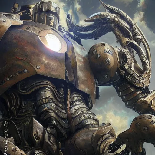 Image similar to pacific rim robot wearing ivory shiny armor standing in the sea, full body image, steam punk, sci-fi, extremely detailed digital painting, in the style of Fenghua Zhong and Ruan Jia and Jermy lipking and peter mohrbacher, mystic colors, highly detailed, deep aesthetic, 8k, highly ornate intricate details, cinematic lighting, rich colors, digital artwork, ray tracing, hyperrealistic, photorealistic, cinematic landscape, trending on artstation,