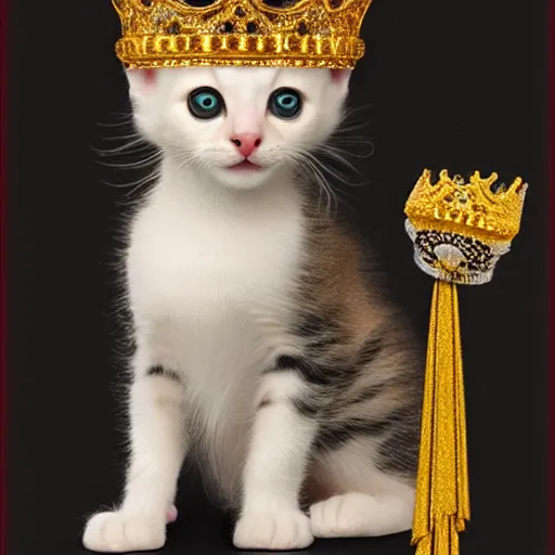 Image similar to a kitten emperor adorned in jewels. hyper realistic, king, gold crown, portrait