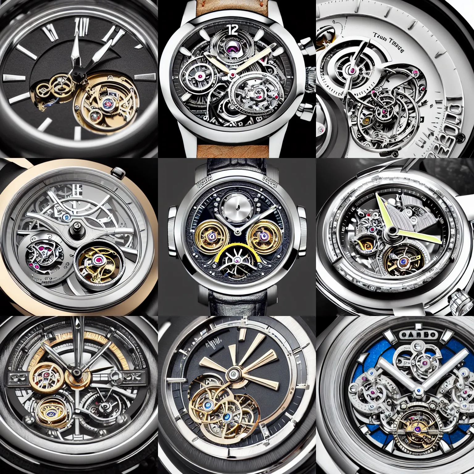 Prompt: a retro futuristic tourbillon watch, extremely detailed, highly intricate, product photography