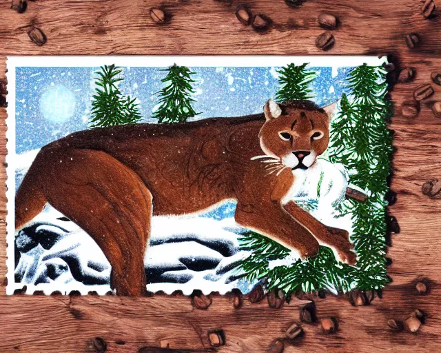 Prompt: ripped up postcard showing 'a cougar sleeping in the middle of snowy pine tree' laying on coffee table with stamp and damaged due to age, zoomed out shot, HD, iphone capture