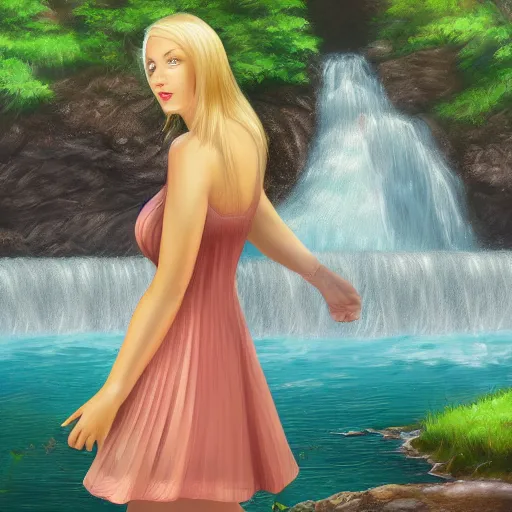 Image similar to beautiful woman in her late 20s wearing a cottagecore summer dress, light blonde shoulder-length hair, standing near a waterfall, 4k digital art, digital painting, highly detailed and intricate