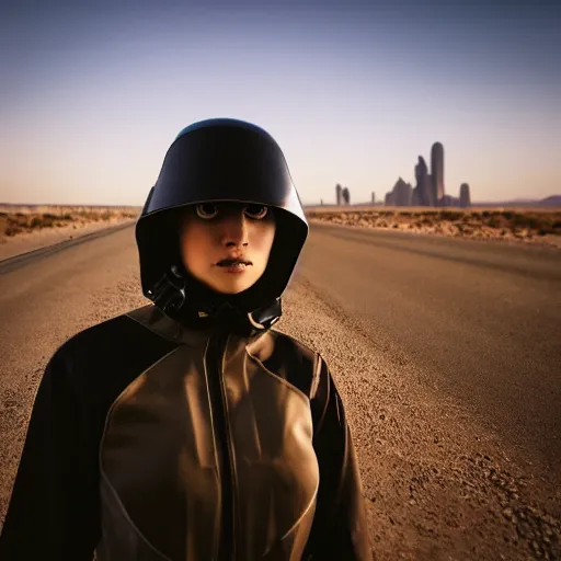 Image similar to photograph of a techwear woman, closeup, on a desert road with a futuristic city in the horizon, one point perspective, long exposure, sigma 85mm f/1.4, 4k, depth of field, high resolution, 4k, 8k, hd, full color