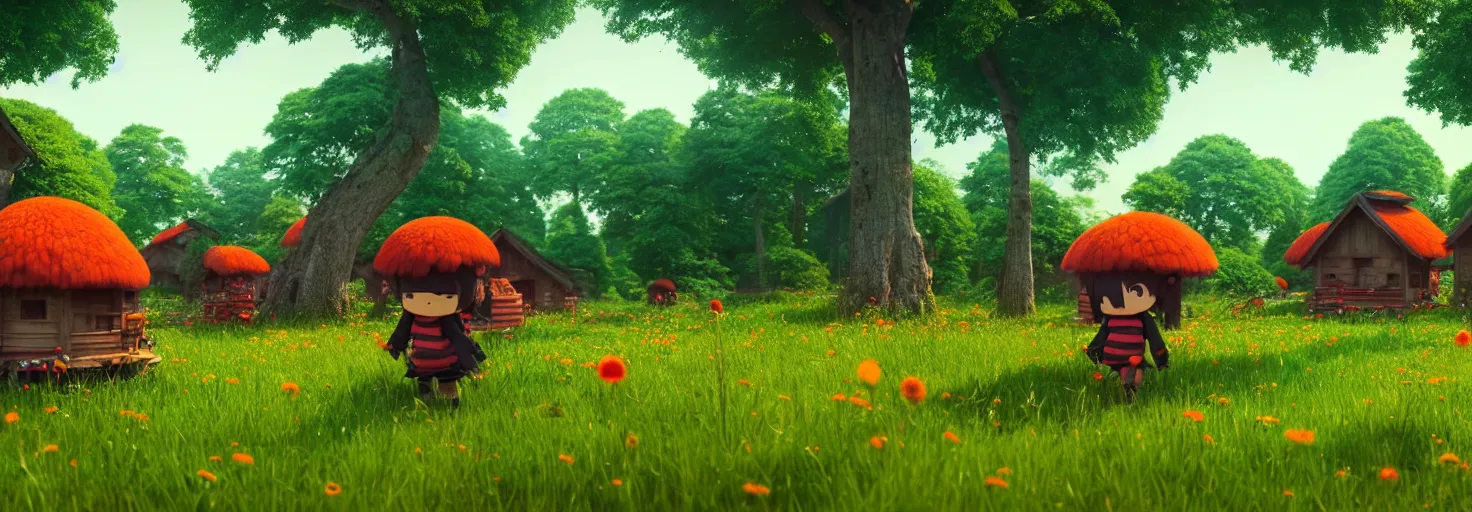 Image similar to stunning glowing dominant large highlighted crimson - black beehive, oversized cute bees in a beautiful forest meadow village landscape, flowers, happy trees, photorealistic, octane render, rtx, hdr, unreal engine, digital art widescreen 8 k, studio ghibli, pixar, disney, wlop