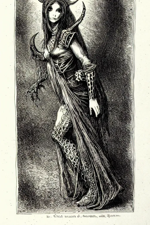 Prompt: cait sidhe, as a demon from the dictionarre infernal, pen - and - ink illustration, etching by louis le breton, 1 8 6 9, 1 2 0 0 dpi scan, ultrasharp detail, hq scan, intricate details, stylized border