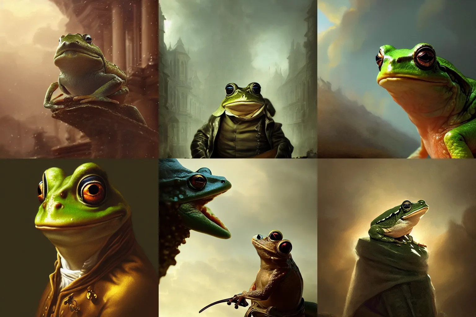 Prompt: Portrait of a frog in the role of Emperor Napoleon, stunning screensaver, screensaver, head slightly tilted, natural light, elegant, complex, fantasy, atmospheric lighting, cinematic, matte painting, Greg Rutkowski