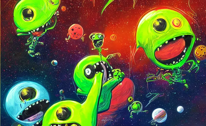 Image similar to alien tennis ball monsters in space, colorful neon, digital art, fantasy, magic, chalk, trending on artstation, ultra detailed, professional illustration by basil gogos