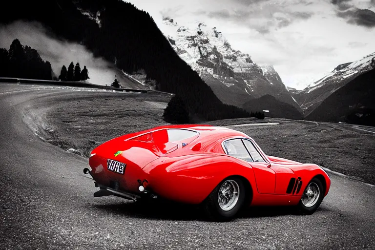 Image similar to car photography of “Ferrari 250 GTO series 2” in the Swiss Alps by Emmanuel Lubezki