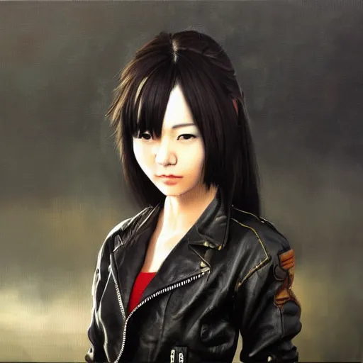 Prompt: perfect, realistic oil painting of close-up japanese young woman wearing leather jacket, in Guild Wars