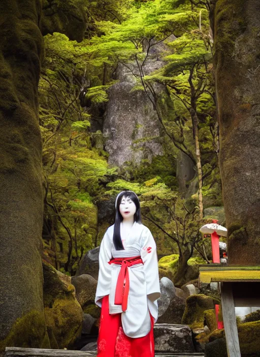 Prompt: photo of a japanese shrine maiden, young beautiful woman, award winning photo, stunning scenery, high definition, 8 k, dynamic lighting