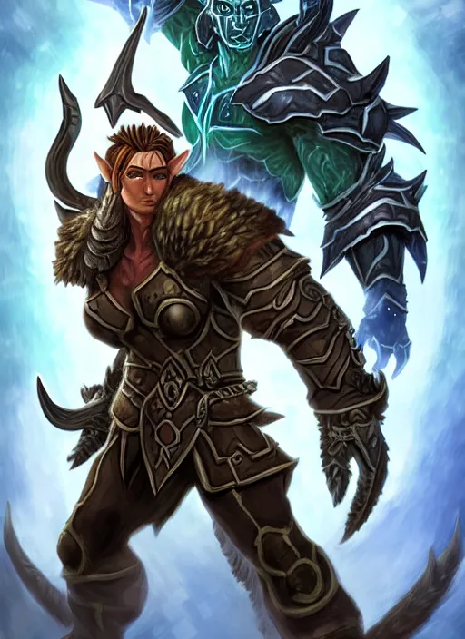 Image similar to book cover for a litrpg of a world of warcraft male elf warrior fighting a monster