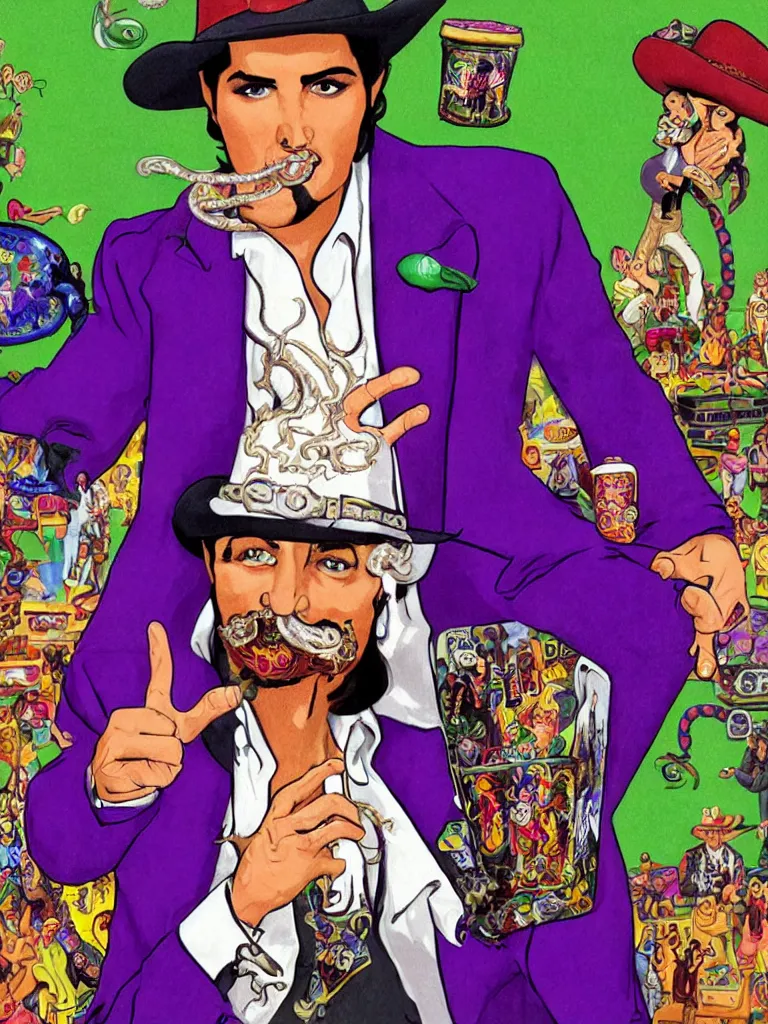 Prompt: long shot full body portrait of professional wrestling salesman elvis presley johnny cash cowboy snakeoil salesman wearing oversized cowboy hat with curly moustache and anthropomorphic purple snakeskin business suit, pictured in front of a green screen selling locomotive petroleum snake oil eggs bottled in faberge briefcases from the distant future, portrait art by lisa frank and basil wolverton