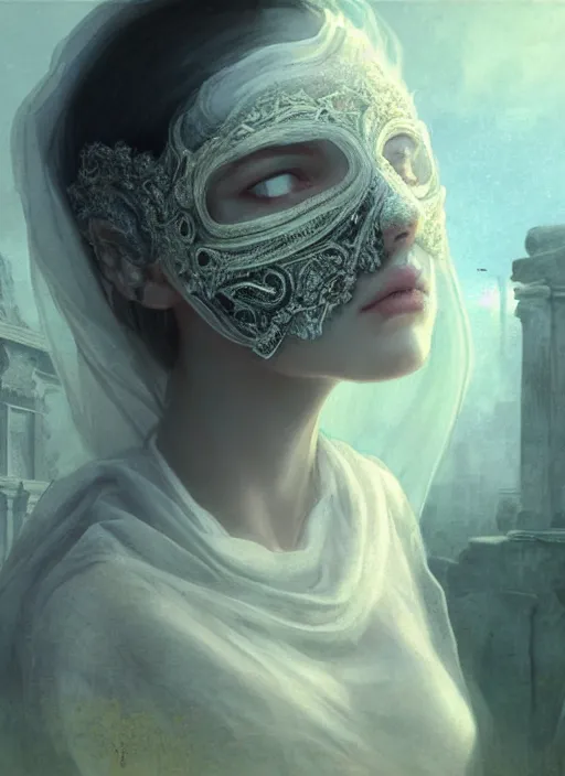 Prompt: close up of a veiled half scull mask girl on the ruins temple, looking at the camera very curiously, smog on the floor, extremely beautiful and aesthetic and attractive detailed face and body, chiaroscuro, dynamic pose, fantasy illustrations, by makoto shinkai and jeremy lipking and ferdinand knab