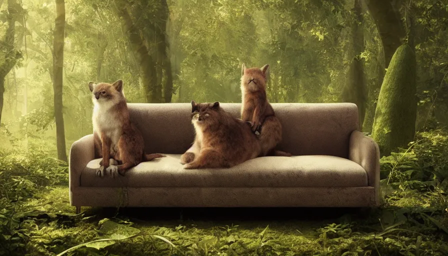 Image similar to lovely furry creature who made a sofa from avocado in the summer forest, by ilya kuvshinov, rtx rendering, octane render 1 2 8 k, maya, extreme high intricate details by tom bagshaw, medium shot, close up shot, composition by sana takeda, lighting by greg rutkowski