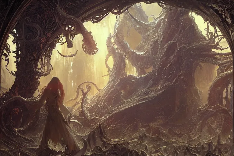 Image similar to a lovecraftian painting of a demonic portal, cosmic horror elements, ultra realistic, concept art, intricate details, eerie, highly detailed, photorealistic, octane render, 8 k, unreal engine. art by artgerm and greg rutkowski and alphonse mucha