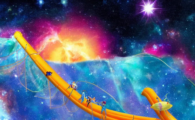 Image similar to a giant water slide through space with shrimp characters on it, colorful nebula's, earth in the background