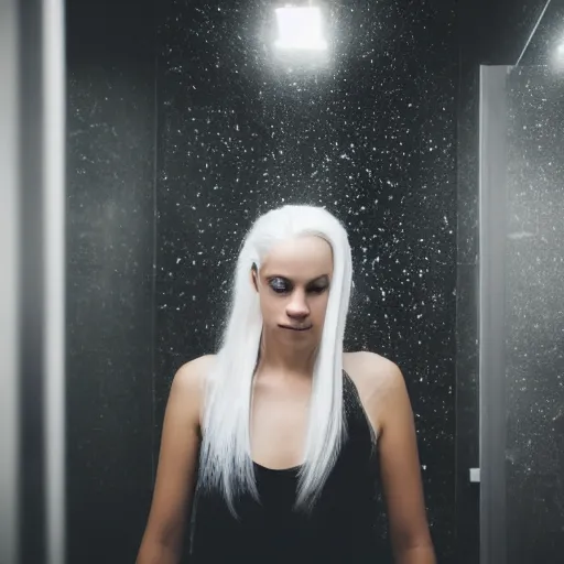 Prompt: girl with white hair standing in a big bathroom that has dark ghosts in it