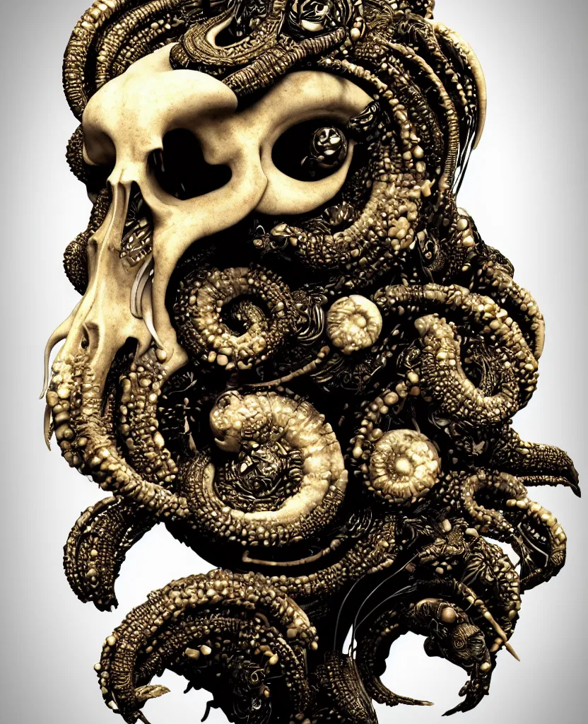 Image similar to goddess princess face close-up portrait ram skull. sculpture made of black clay and gold. jellyfish phoenix head, nautilus, orchid, skull, betta fish, bioluminiscent creatures, intricate artwork by Tooth Wu and wlop and beeple. octane render, trending on artstation, greg rutkowski very coherent symmetrical artwork. cinematic, hyper realism, high detail, octane render, 8k