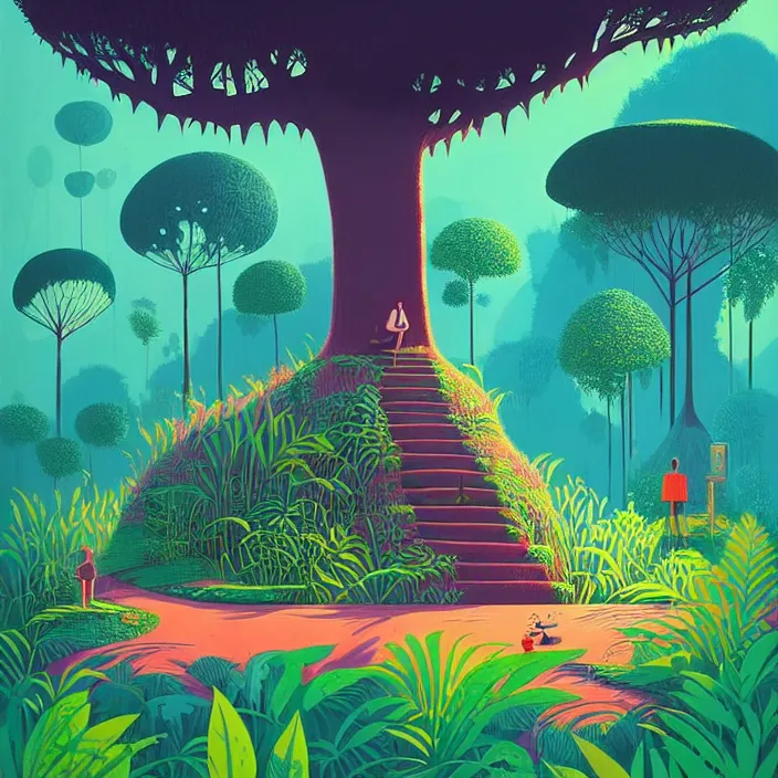 Image similar to ( ( ( gediminas pranckevicius ) ) ), under bo tree in a jungle garden summer morning, very coherent and colorful high contrast art by james gilleard floralpunk screen printing woodblock, dark shadows, pastel color, hard lighting